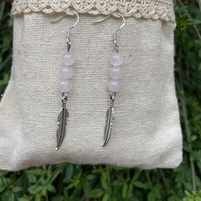 Earrings with 3 balls in natural Rose Quartz and feather charm