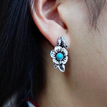 Boucles d'Oreilles Boho Turquoise Feuilles Fleur 1