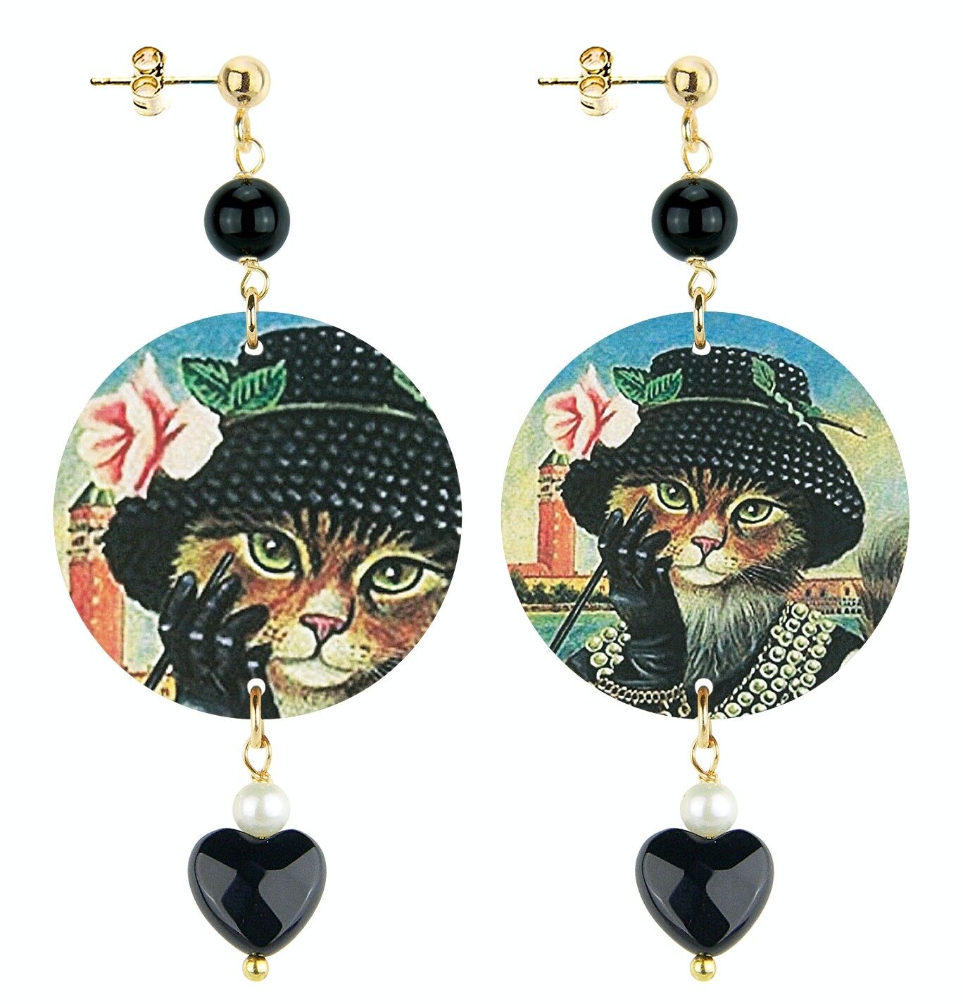 Jewelry for animal lovers. The Circle Special Small Woman Earrings Cat with Hat. Made in Italy