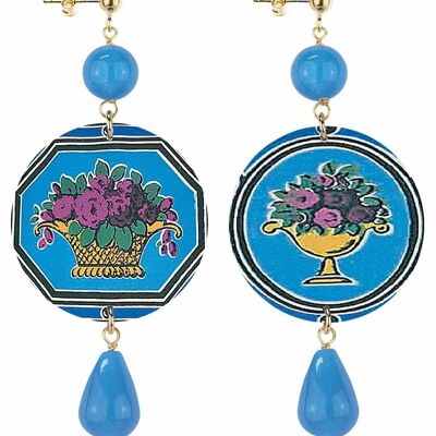 Celebrate spring with flower-inspired jewelry. Women's Earrings The Circle Classic Purple Flowers Light Blue Background. Made in Italy