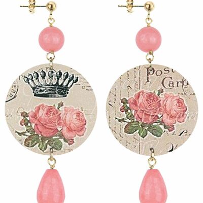 Celebrate spring with flower-inspired jewelry. The Classic Circle Women's Earrings Pink Flowers and Crown. Made in Italy