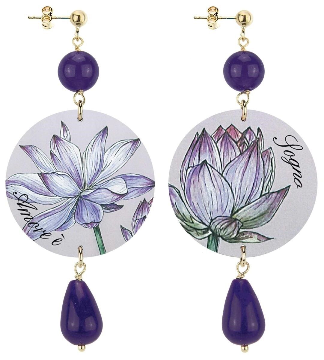 Celebra la primavera con gioielli ispirati ai fiori. Orecchini Donna The Circle Classico Fiore Bianco e Viola Fondo Chiaro Sogno. Made in Italy