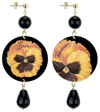 Célébrez le printemps avec des bijoux inspirés des fleurs. Les Boucles d'Oreilles Femme Cercle Classique Fleur Jaune Fond Noir Amour. Fabriqué en Italie