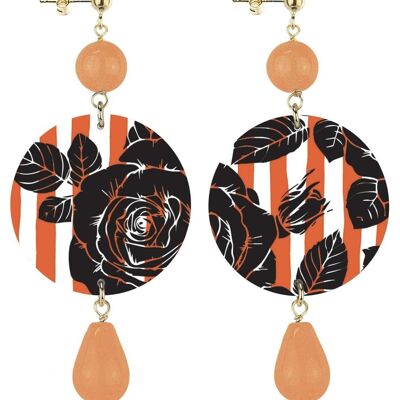 Celebrate spring with flower-inspired jewelry. The Circle Women's Earrings Classic Black Flower Background Orange and White Lines. Made in Italy