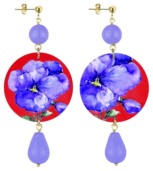 Celebra la primavera con gioielli ispirati ai fiori. Orecchini Donna The Circle Classico Fiore Viola Fondo Rosso. Made in Italy