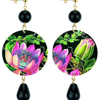 Celebrate spring with flower-inspired jewelry. The Circle Women's Earrings Classic Multicolor Flower Black Background. Made in Italy