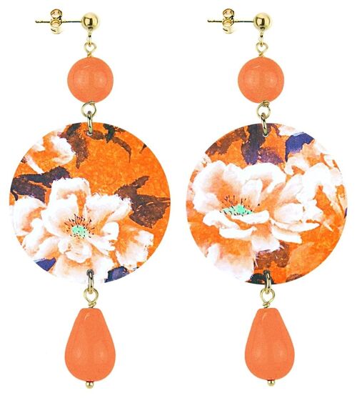 Celebra la primavera con gioielli ispirati ai fiori. Orecchini Donna The Circle Classico Fiore Bianco Fondo Arancione. Made in Italy