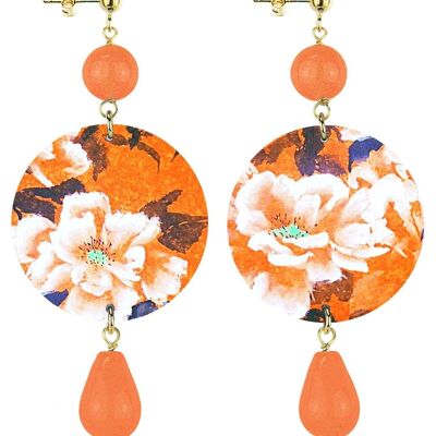 Celebre la primavera con joyas inspiradas en flores. Pendientes Mujer El Clásico Círculo Flor Blanca Fondo Naranja. Hecho en Italia