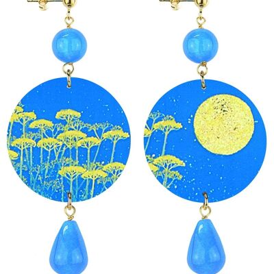 Celebrate spring with flower-inspired jewelry. The Classic Circle Women's Earrings Moon and Yellow Flowers Blue Background. Made in Italy