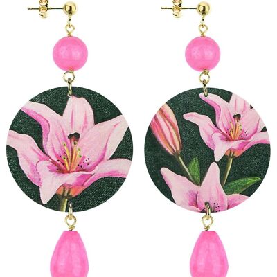 Celebrate spring with flower-inspired jewelry. The Circle Women's Earrings Classic Pink Flower Dark Background. Made in Italy