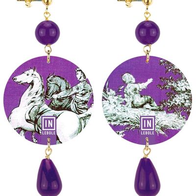 The Circle Woman Earrings Classic Toile de Jouy Purple Background. Made in Italy
