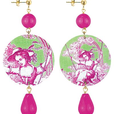 The Classic Circle Woman Earrings Toile de Jouy Green Background. Made in Italy