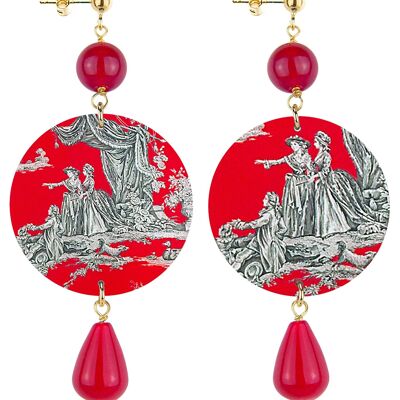 Die klassischen Kreis-Frauen-Ohrringe Toile de Jouy Roter Hintergrund. Hergestellt in Italien