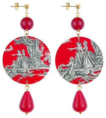 Boucles d'Oreilles Femme Cercle Classique Toile de Jouy Fond Rouge. Fabriqué en Italie