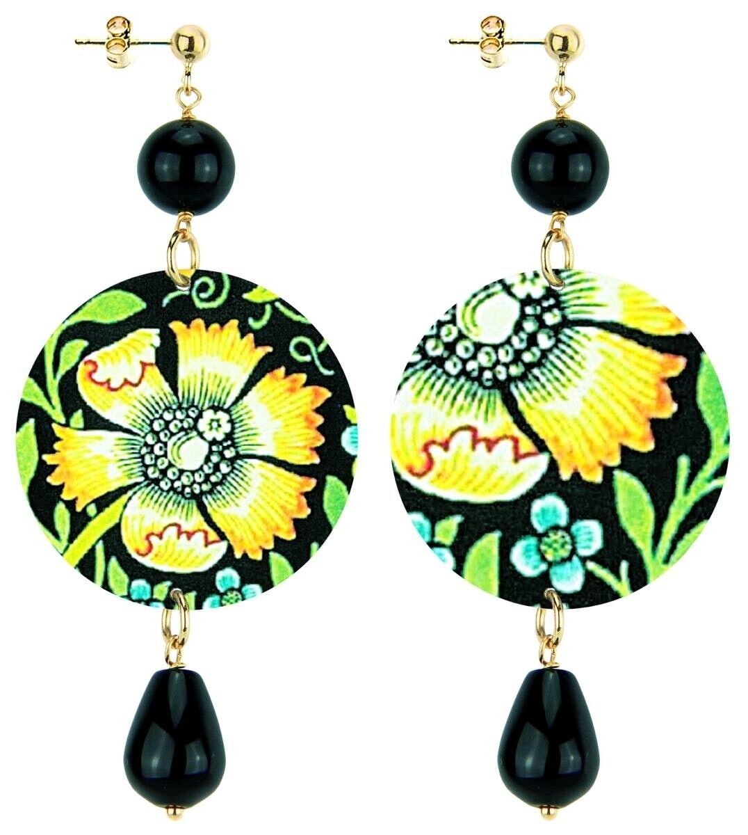 Celebra la primavera con gioielli ispirati ai fiori. Orecchini Donna The Circle Classico Fiori Gialli Fondo Nero. Made in Italy