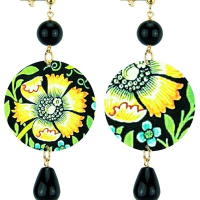 Celebrate spring with flower-inspired jewelry. The Circle Classic Women's Earrings Yellow Flowers Black Background. Made in Italy