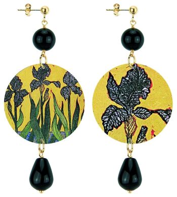 Célébrez le printemps avec des bijoux inspirés des fleurs. Boucles d'Oreilles Femme Cercle Classique Fleurs Noires Fond Or. Fabriqué en Italie