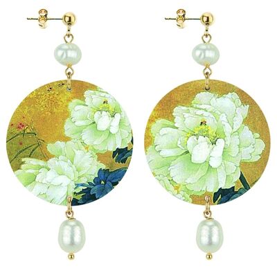 Célébrez le printemps avec des bijoux inspirés des fleurs. Boucles d'Oreilles Femme Cercle Classique Fleur Blanche Fond Or. Fabriqué en Italie