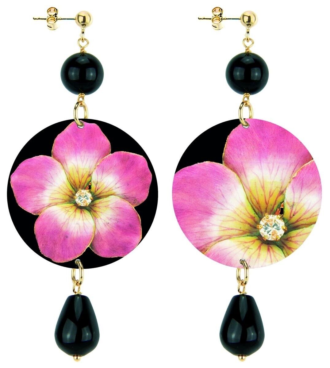 Celebra la primavera con gioielli ispirati ai fiori. Orecchini Donna The Circle Classico Fiore Rosa Fondo Nero. Made in Italy
