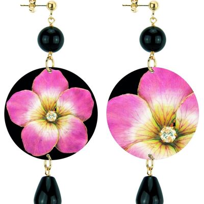 Celebrate spring with flower-inspired jewelry. The Circle Classic Women's Earrings Pink Flower Black Background. Made in Italy