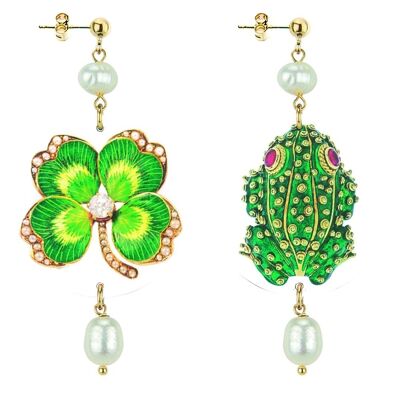The Circle Women's Earrings Classic Four-Leaf Clover and Frog Jewel. Made in Italy