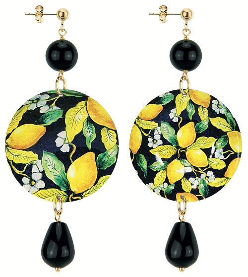 Celebra la primavera con gioielli ispirati alla natura. Orecchini Donna The Circle Classico Limoni Fondo Nero. Made in Italy