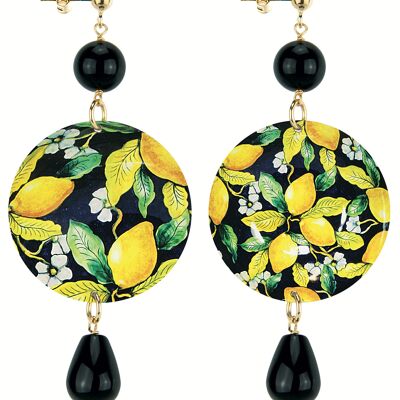 Celebrate spring with nature-inspired jewelry. The Circle Classic Women's Earrings Lemons Black Background. Made in Italy
