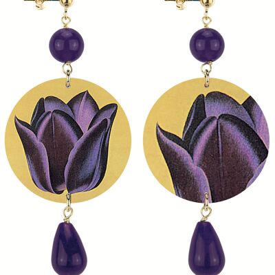 Celebre la primavera con joyas inspiradas en flores. Pendientes Mujer El Círculo Clásico Flor Morada Fondo Amarillo. Hecho en Italia