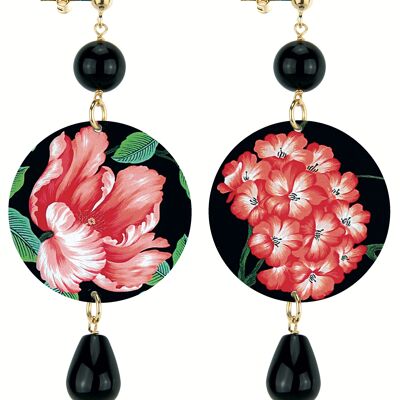 Celebra la primavera con gioielli ispirati ai fiori. Orecchini Donna The Circle Classico Fiori Rossi Fondo Nero. Made in Italy