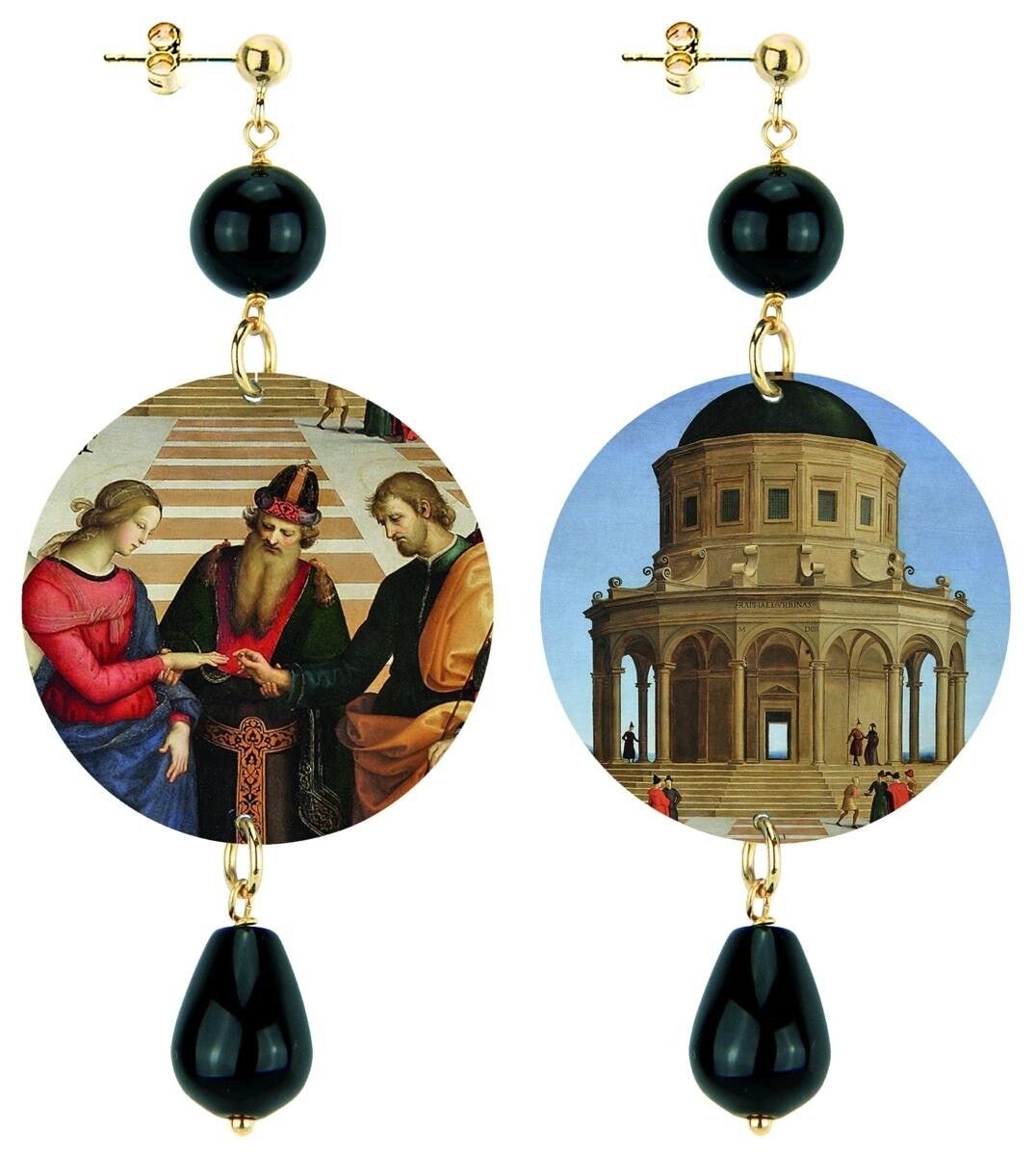 Choose your work of art and always carry it with you. The Circle Woman Earrings Classic Marriage Of The Virgin By R. Sanzio in Brass and Black Natural Stones Made in Italy