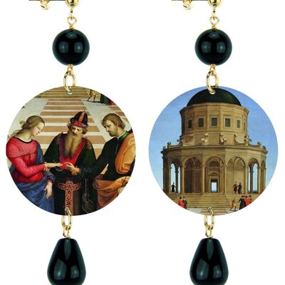 Choose your work of art and always carry it with you. The Circle Woman Earrings Classic Marriage Of The Virgin By R. Sanzio in Brass and Black Natural Stones Made in Italy