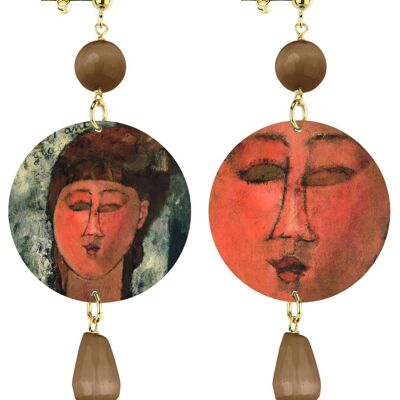 Choose your work of art and always carry it with you. The Circle Classic Woman Earrings Enfant Gras By A. Modigliani in Brass and Brown Natural Stones Made in Italy