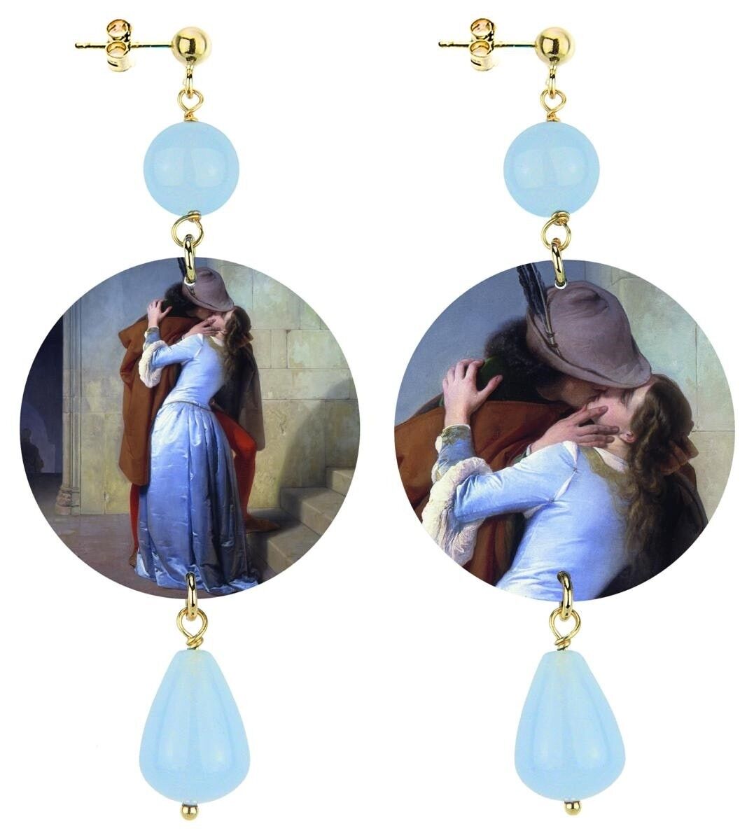 Choose your work of art and always carry it with you. The Classic Circle Women's Earrings Il Bacio By F. Hayez in Brass and Light Blue Natural Stones Made in Italy