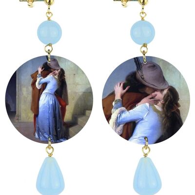 Choose your work of art and always carry it with you. The Classic Circle Women's Earrings Il Bacio By F. Hayez in Brass and Light Blue Natural Stones Made in Italy