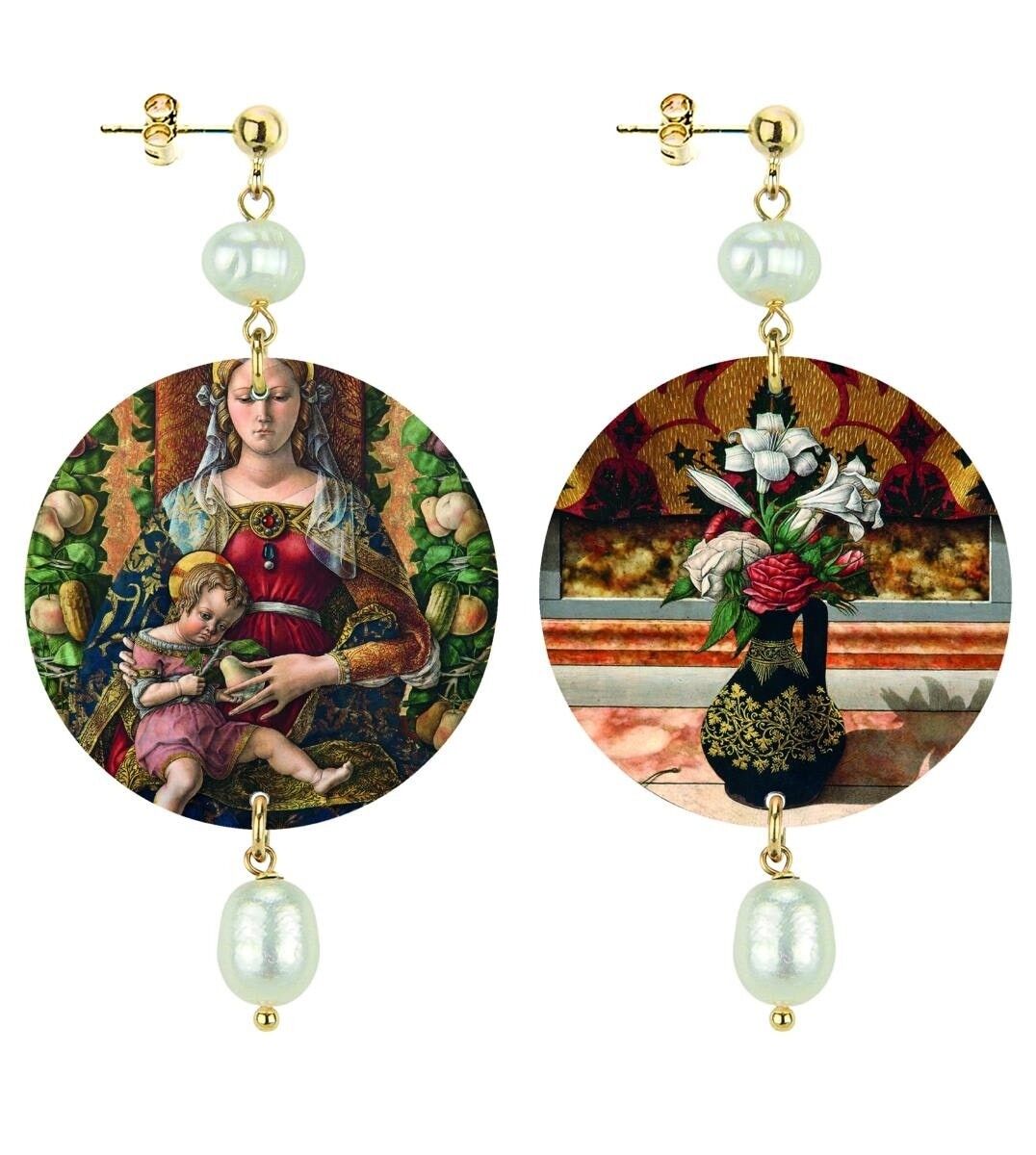 Choose your work of art and always carry it with you. The Classic Circle Women's Earrings Madonna Della Candelletta By C. Crivelli in Brass and Pearl Natural Stones Made in Italy