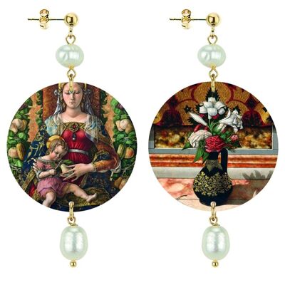 Choose your work of art and always carry it with you. The Classic Circle Women's Earrings Madonna Della Candelletta By C. Crivelli in Brass and Pearl Natural Stones Made in Italy