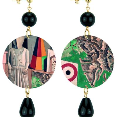 Choose your work of art and always carry it with you. The Classic Circle Women's Earrings Metaphysical Muse By C. Carrà in Brass and Black Natural Stones Made in Italy