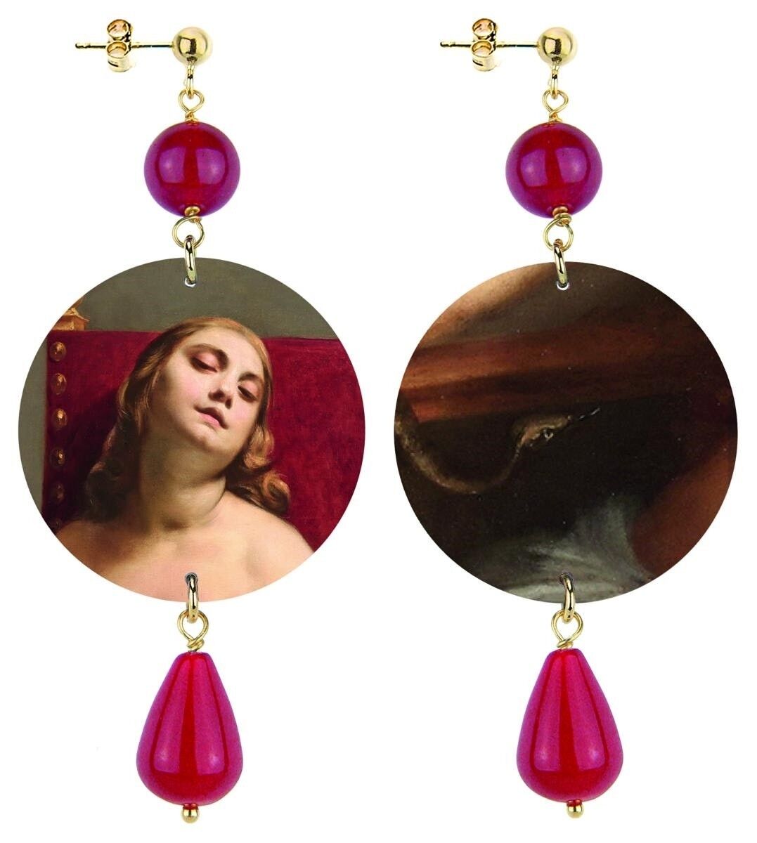Choose your work of art and always carry it with you.  Women's Earrings The Circle Classic Death Of Cleopatra By G. Cagnacci in Brass and Natural Ruby Stones Made in Italy