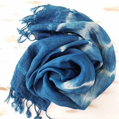 Linen scarf dyed with natural indigo. Shibori stripes.