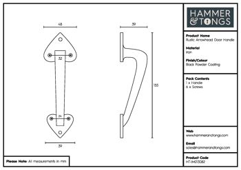 Poignée de porte en pointe de flèche rustique noire de 155 mm - par Hammer & Tongs 7