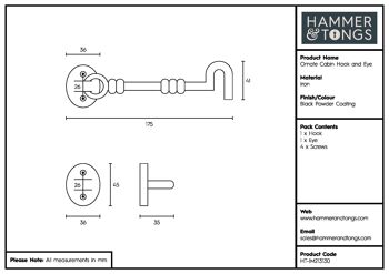 Crochet et œillet de cabine ornés noirs de 165 mm - Par Hammer & Tongs 8