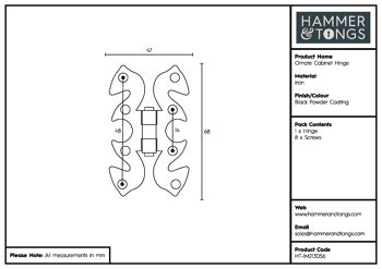 Charnière d'armoire ornée noire de 70 mm - par Hammer & Tongs 5