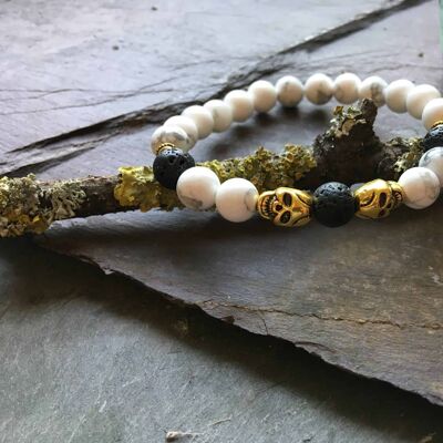 Skull Diffuser Bead Bracelet with Howlite and Lava Stone