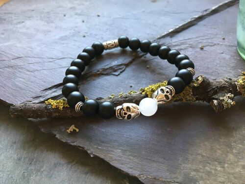 Steel Skull with Onyx and White Jade Beaded Holistic Bracelet