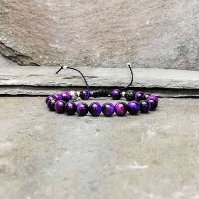 Pulsera de cuentas de 8 mm con nudo deslizante de ojo de tigre morado