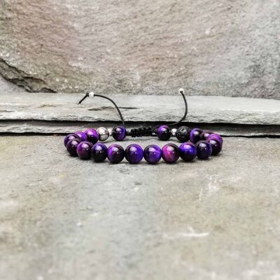 Bracelet de perles 8 mm avec nœud coulissant œil de tigre violet