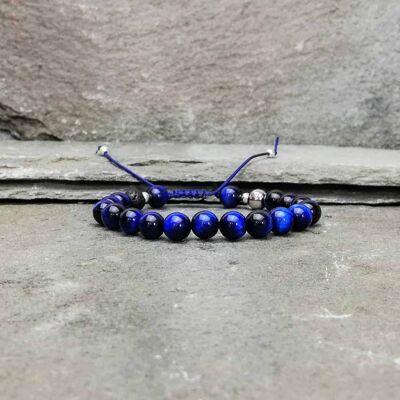 Bracelet de perles 8 mm avec nœud coulissant œil de tigre bleu