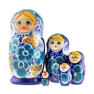Muñeca de madera Matrioska Nesting 5pcs Babushka azul tradicional