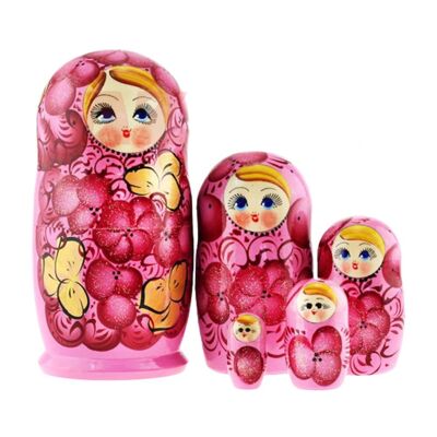 Pink Wooden Matrioska Nesting Doll 5pcs Babushka Traditional