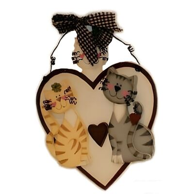 Wooden wall heart decoration with cute cats design 17x18cm